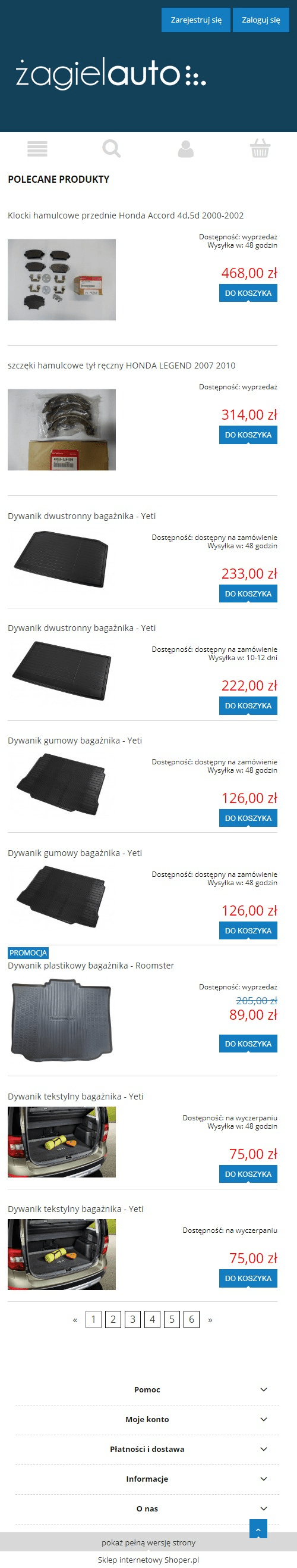 Sklep internetowy czesci.zagielauto.pl - zrzut mobile