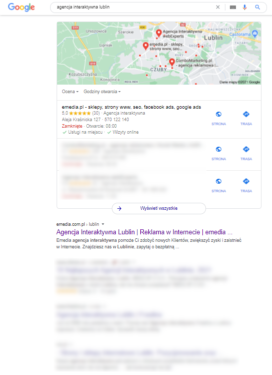 Wyniki wyszukiwania na frazę kluczową "agencja interaktywna Lublin". Otrzymane wyniki gdy poszukujemy firmę od SEO.