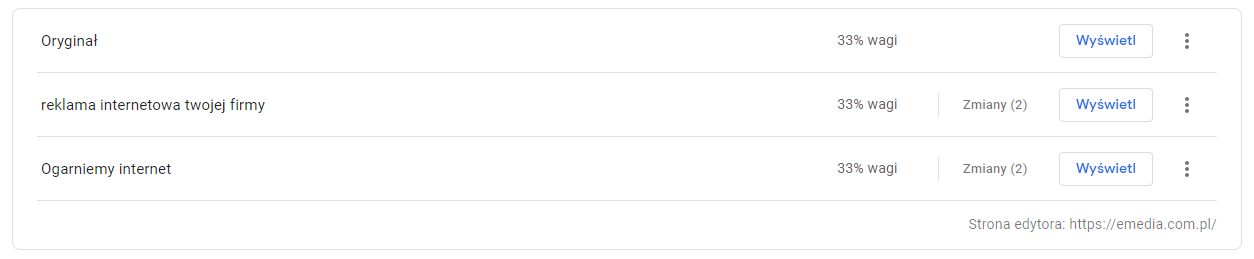 Ustawienia parametrów do testu w Google Optimize