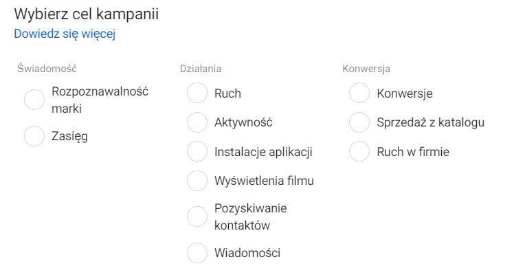 Menu Wyboru Celu Kampanii Reklamowej Na Instagramie