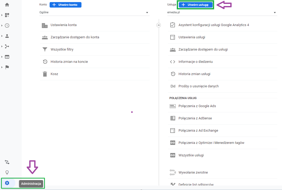 Widok panelu tworzenia nowej usługi GA4