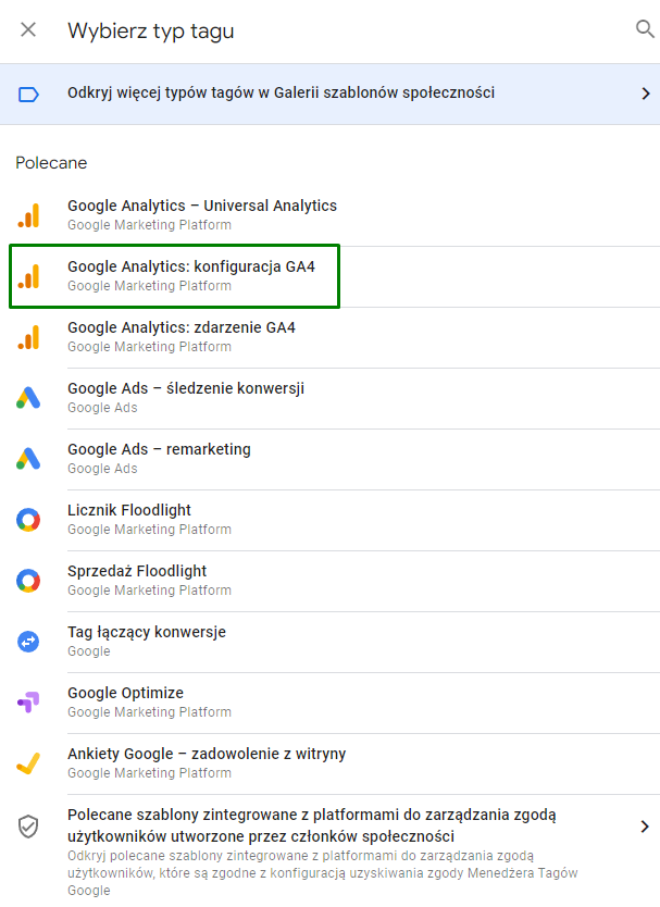 Panel Wyboru Tagu dla implementacji google analytics 4