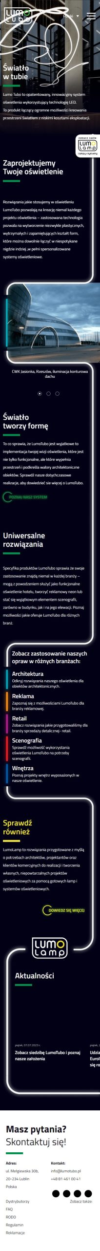 Lumo tubo – producent systemu oświetlenia - zrzut mobile